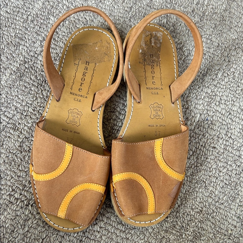 Nagore Menorca Tan Leather Slingback Sandals with Yellow Trim